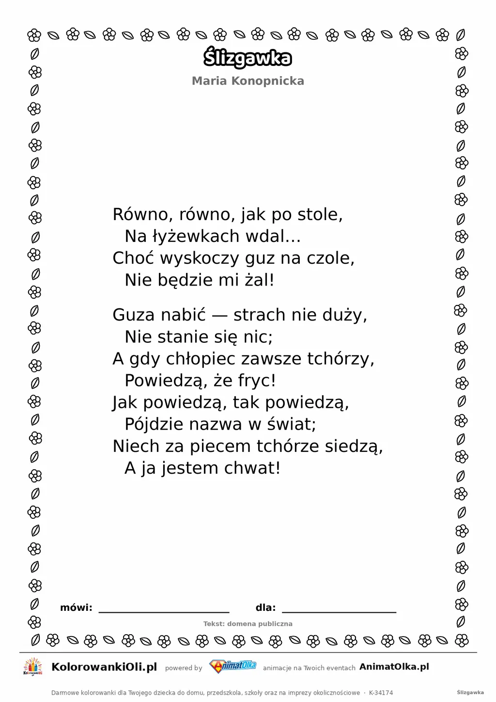 Ślizgawka (Maria Konopnicka) — tekst wiersza do druku A4 z ramką do pokolorowania