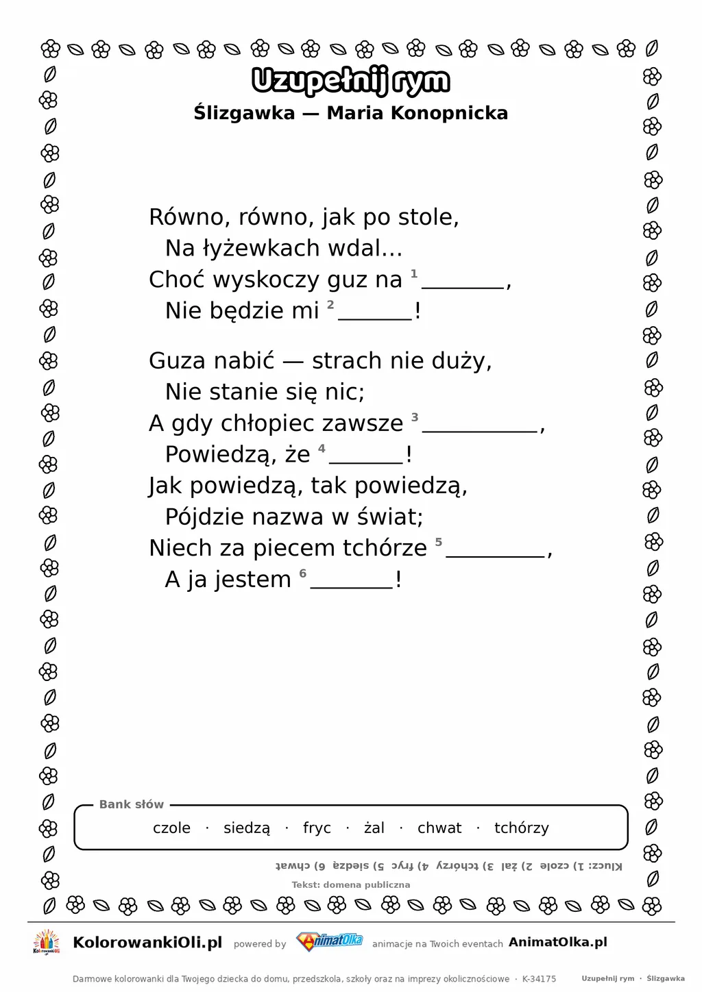 Uzupełnij rym — Ślizgawka (Maria Konopnicka): karta pracy z lukami w rymach, A4