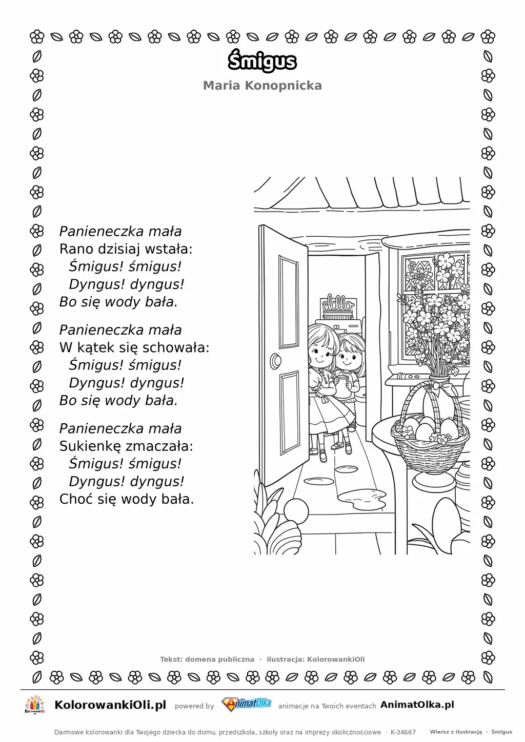 Śmigus (Maria Konopnicka) — tekst wiersza i ilustracja do kolorowania, karta A4 do druku