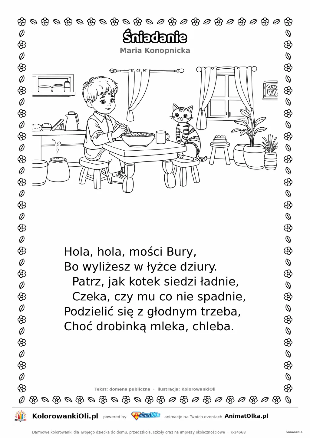 Śniadanie (Maria Konopnicka) — tekst wiersza i ilustracja do kolorowania, karta A4 do druku
