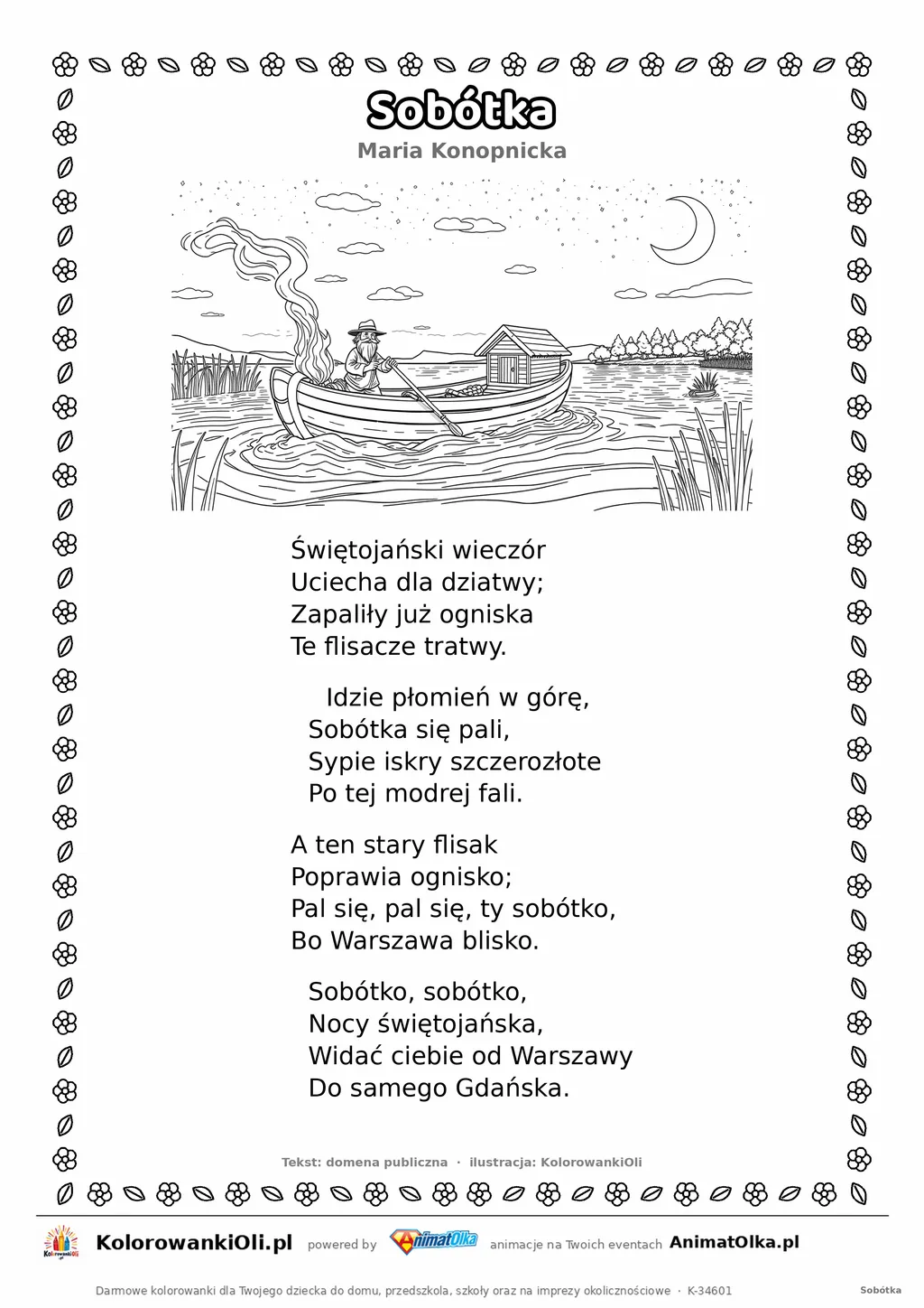 Sobótka (Maria Konopnicka) — tekst wiersza i ilustracja do kolorowania, karta A4 do druku