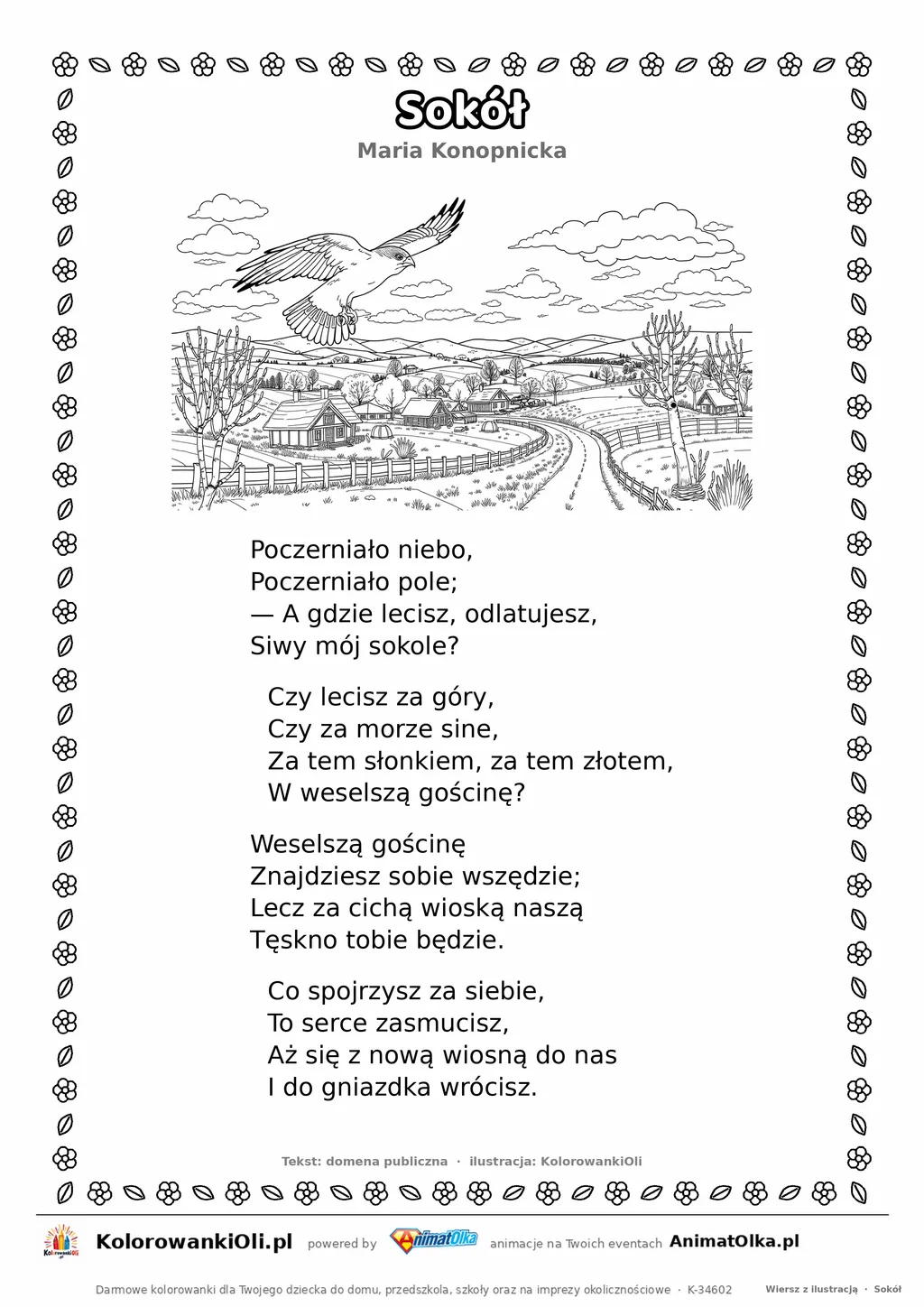 Sokół (Maria Konopnicka) — tekst wiersza i ilustracja do kolorowania, karta A4 do druku