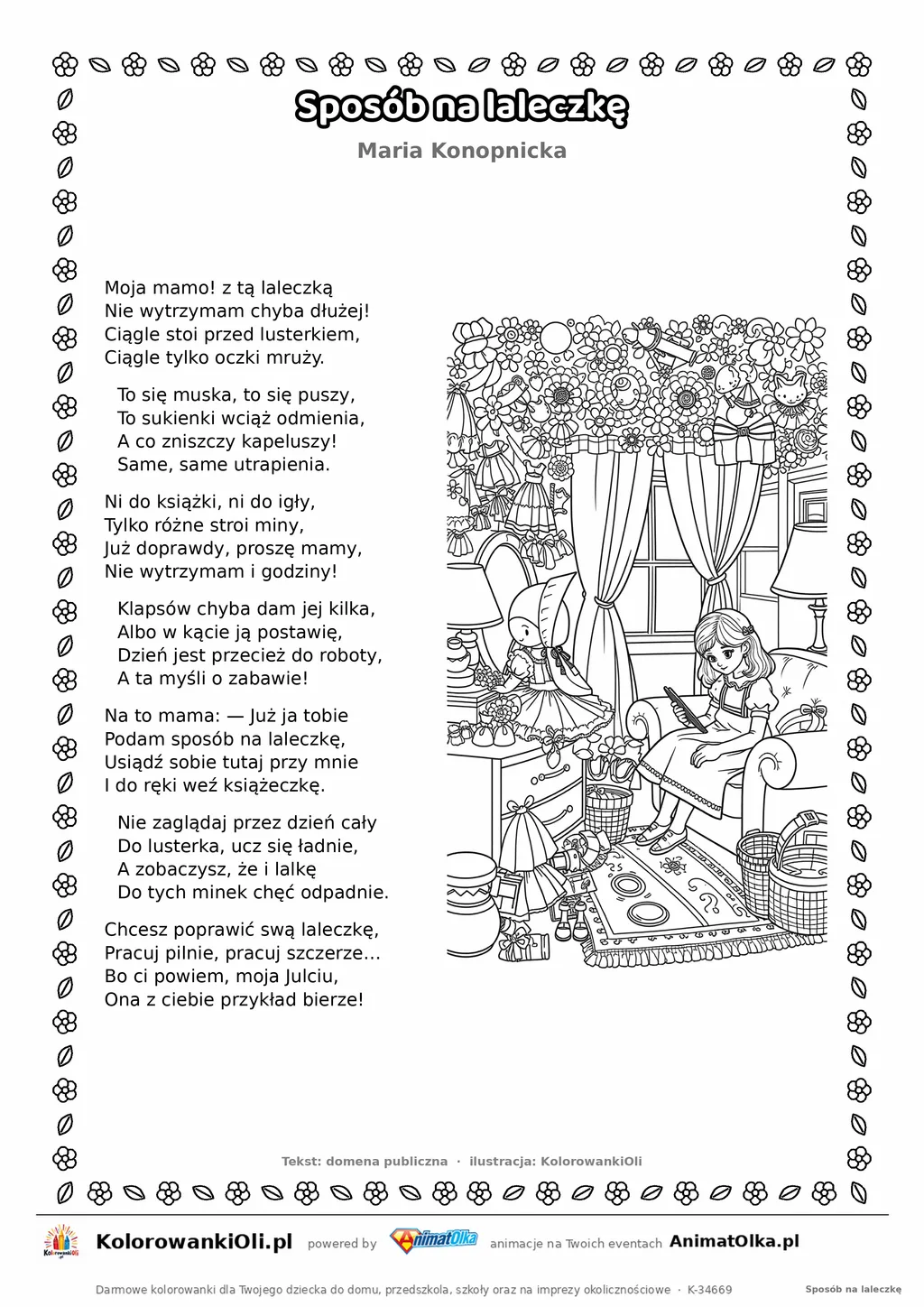 Sposób na laleczkę (Maria Konopnicka) — tekst wiersza i ilustracja do kolorowania, karta A4 do druku