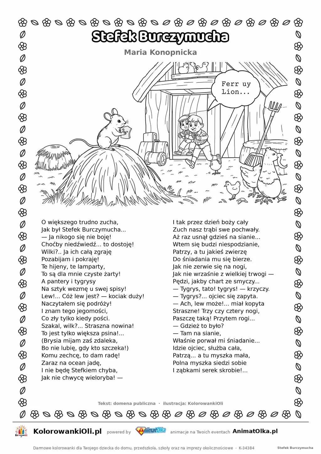Stefek Burczymucha (Maria Konopnicka) — tekst wiersza i ilustracja do kolorowania, karta A4 do druku