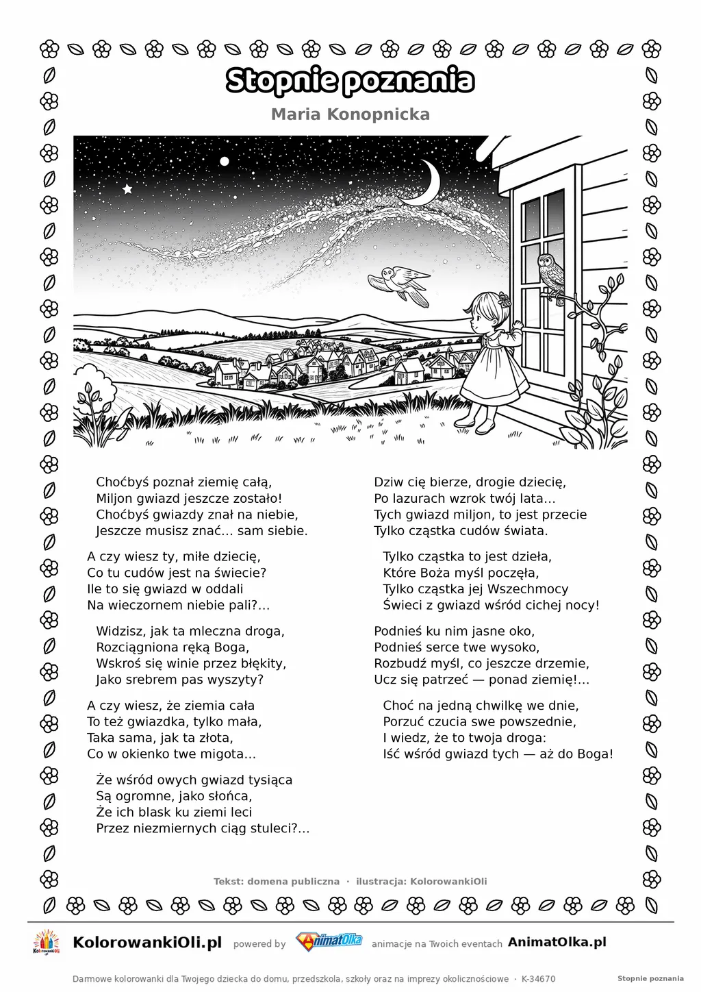 Stopnie poznania (Maria Konopnicka) — tekst wiersza i ilustracja do kolorowania, karta A4 do druku