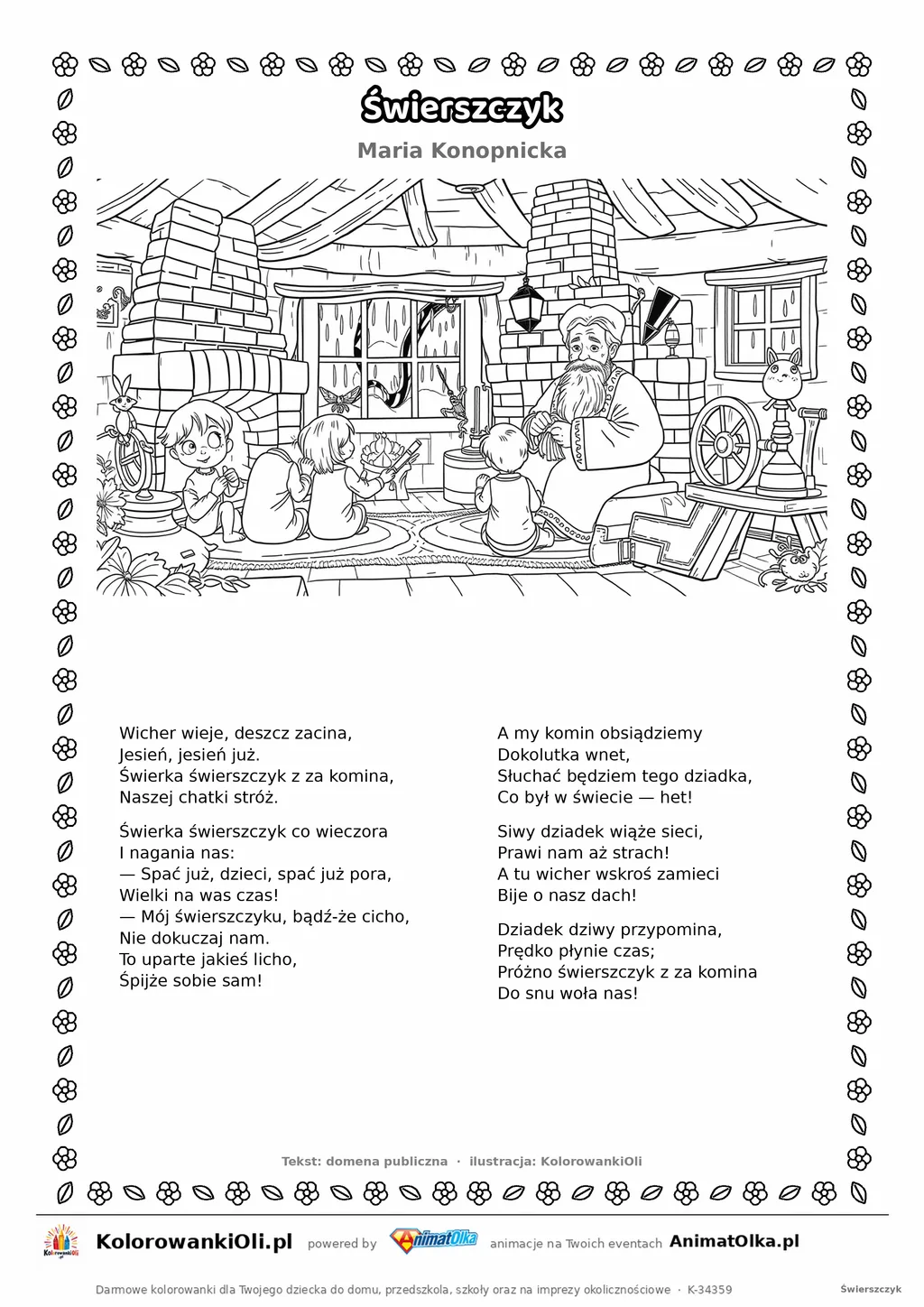 Świerszczyk (Maria Konopnicka) — tekst wiersza i ilustracja do kolorowania, karta A4 do druku
