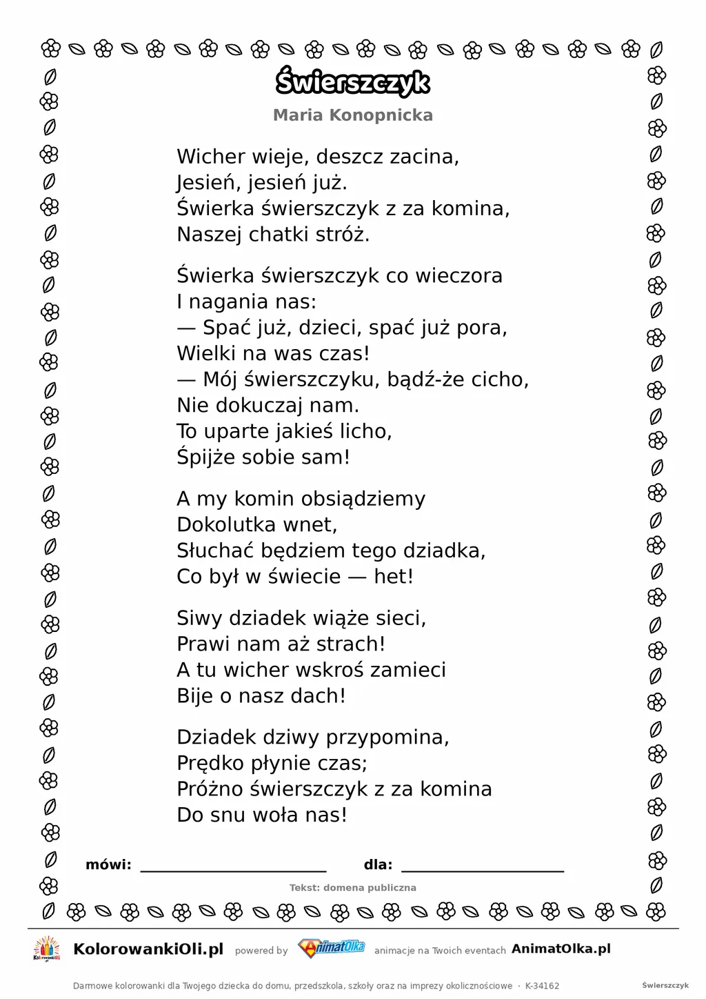 Świerszczyk (Maria Konopnicka) — tekst wiersza do druku A4 z ramką do pokolorowania