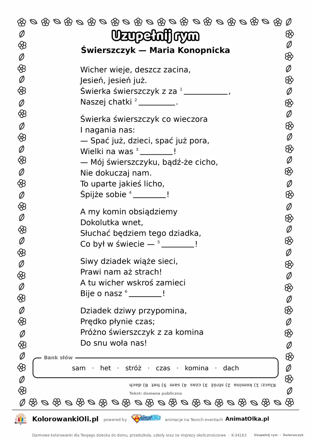 Uzupełnij rym — Świerszczyk (Maria Konopnicka): karta pracy z lukami w rymach, A4