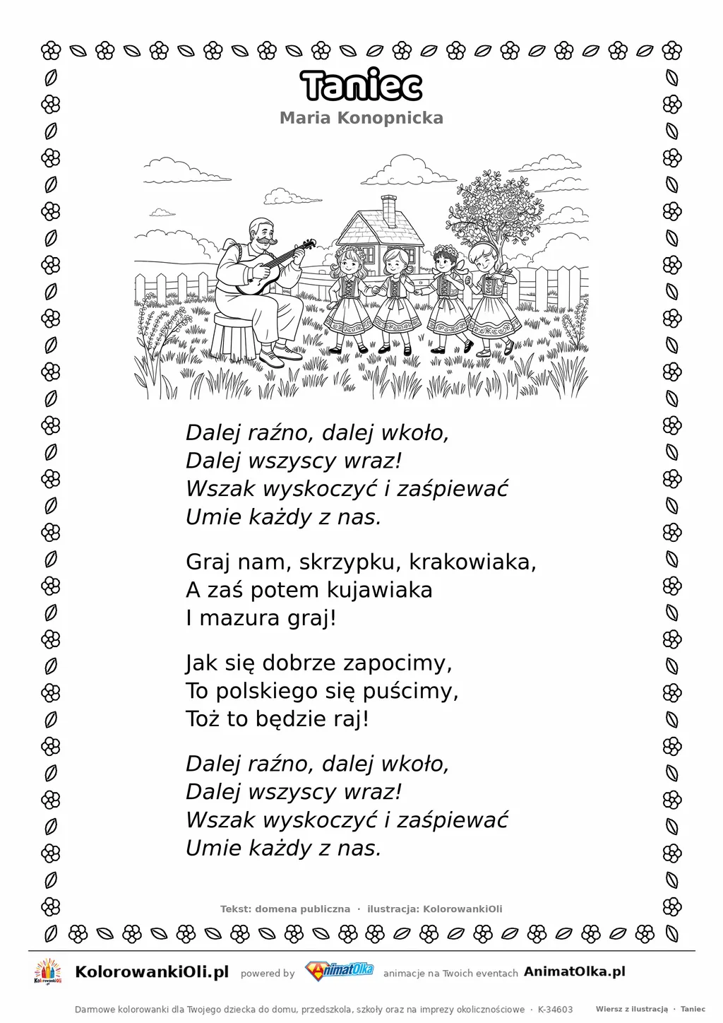 Taniec (Maria Konopnicka) — tekst wiersza i ilustracja do kolorowania, karta A4 do druku