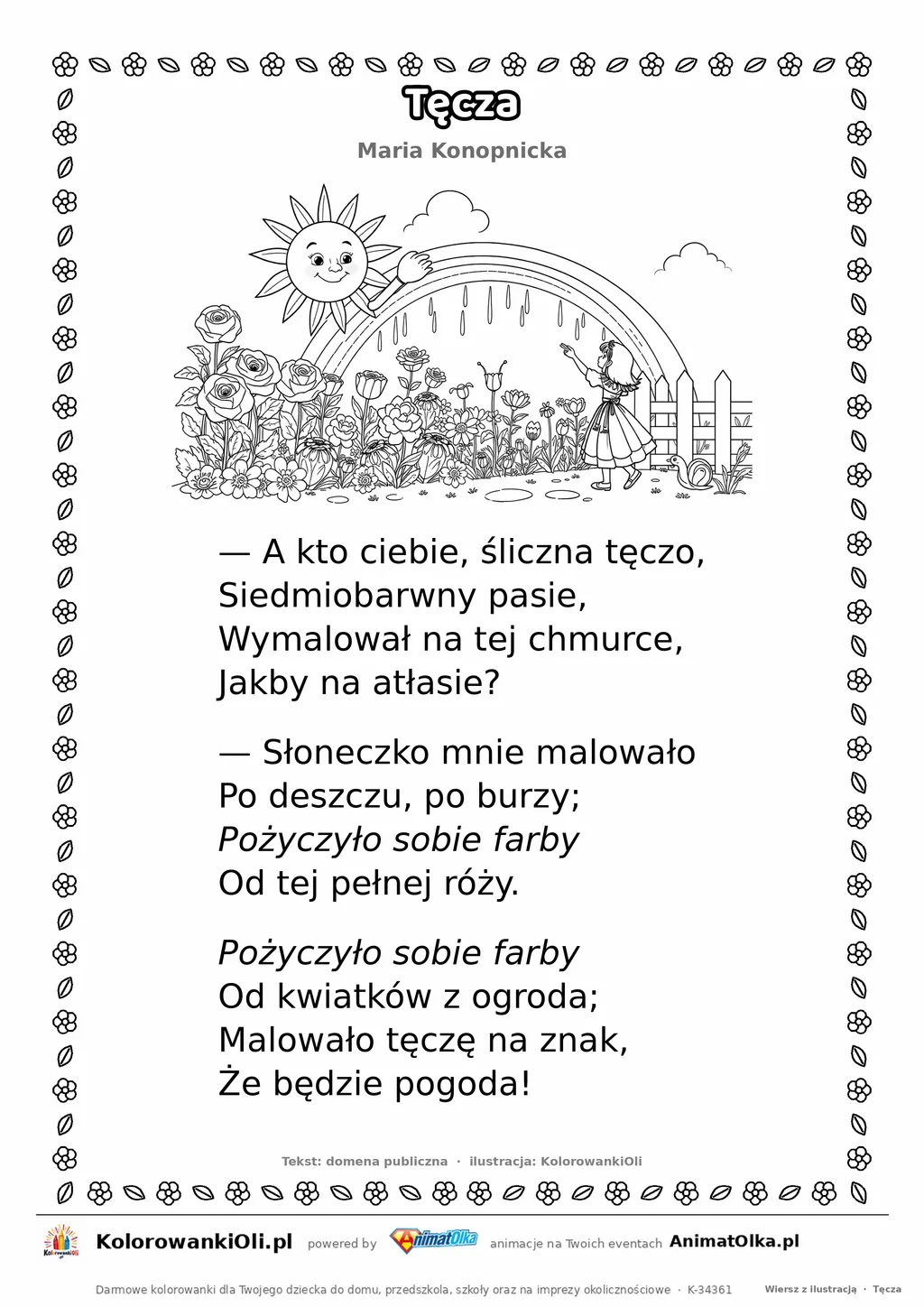 Tęcza (Maria Konopnicka) — tekst wiersza i ilustracja do kolorowania, karta A4 do druku
