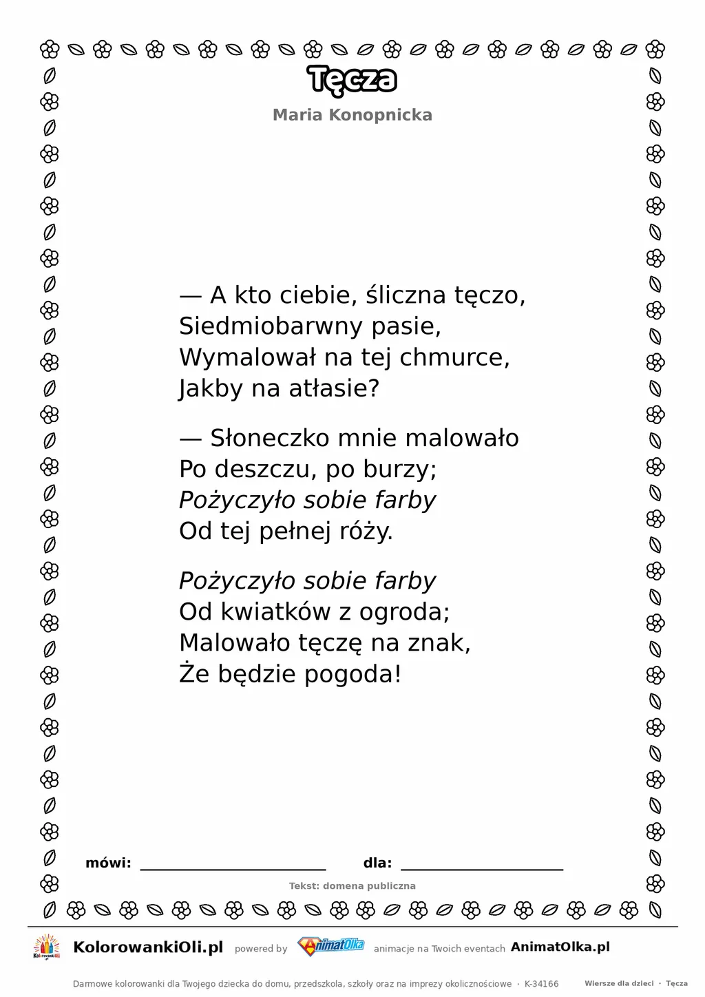 Tęcza (Maria Konopnicka) — tekst wiersza do druku A4 z ramką do pokolorowania