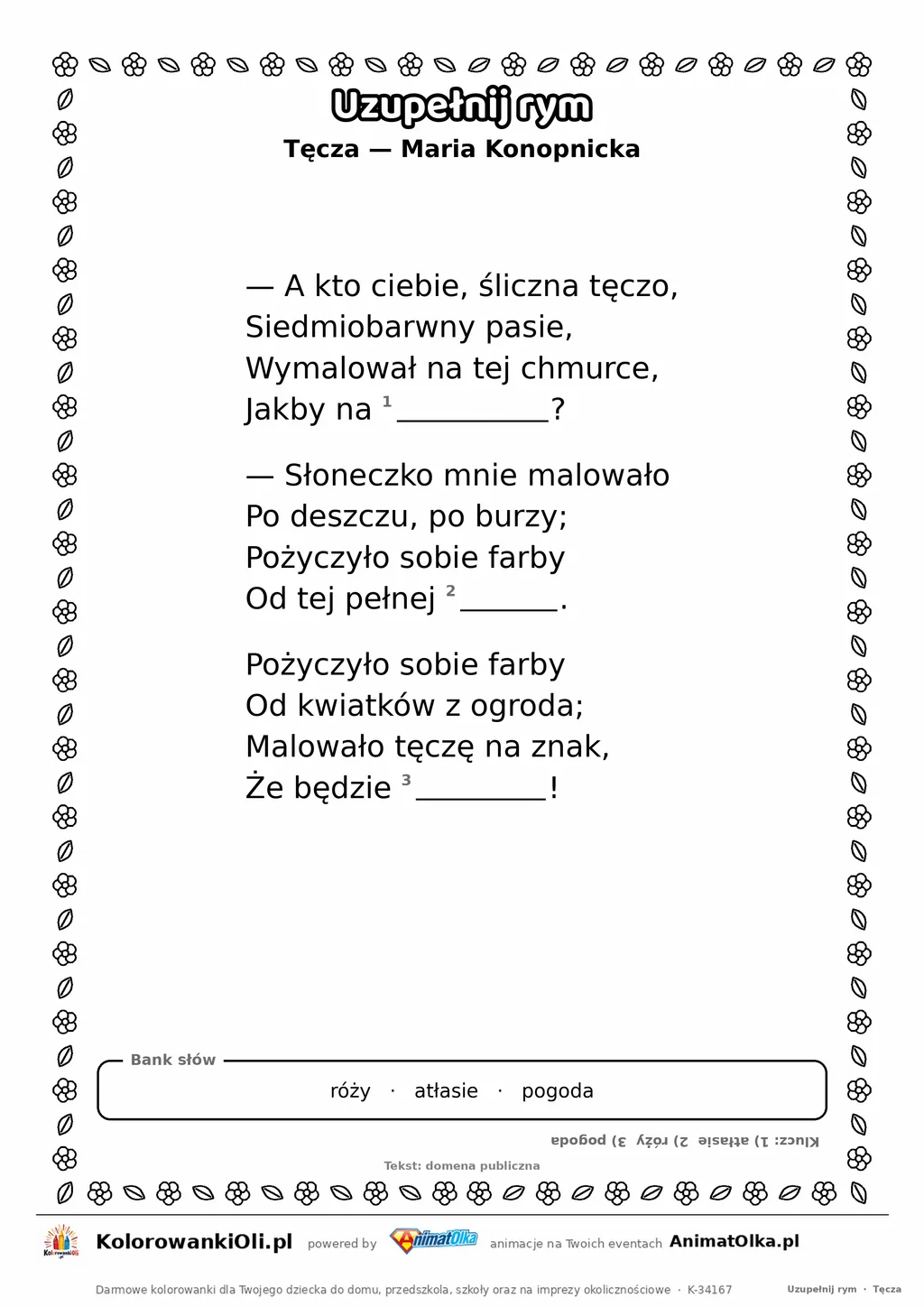 Uzupełnij rym — Tęcza (Maria Konopnicka): karta pracy z lukami w rymach, A4