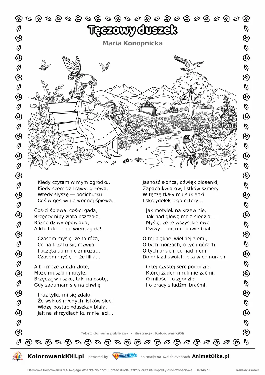 Tęczowy duszek (Maria Konopnicka) — tekst wiersza i ilustracja do kolorowania, karta A4 do druku