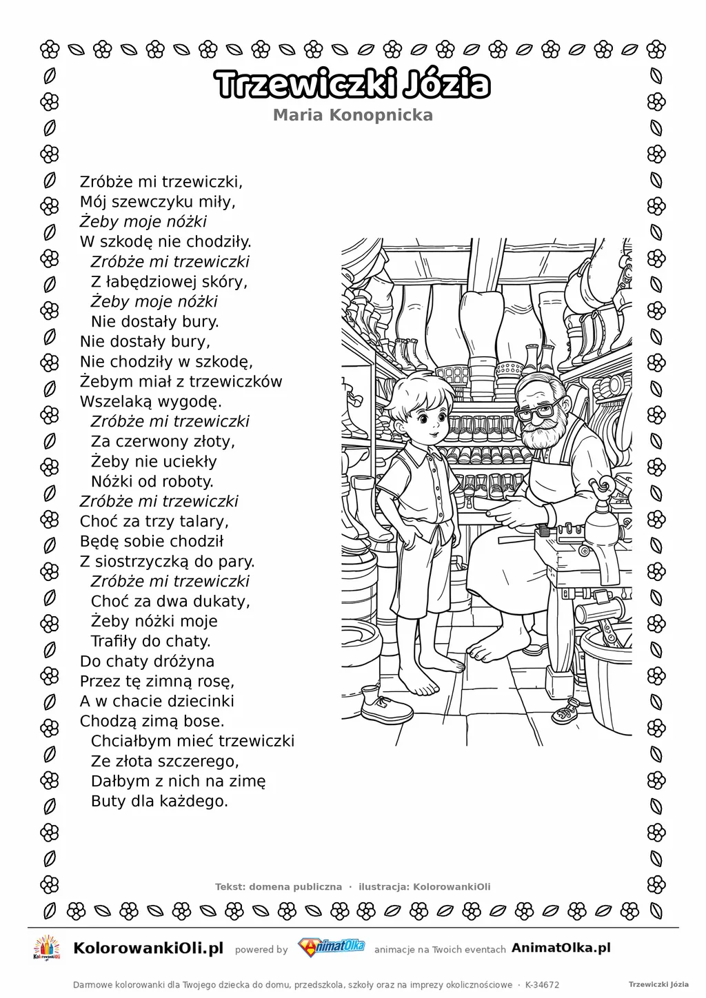 Trzewiczki Józia (Maria Konopnicka) — tekst wiersza i ilustracja do kolorowania, karta A4 do druku