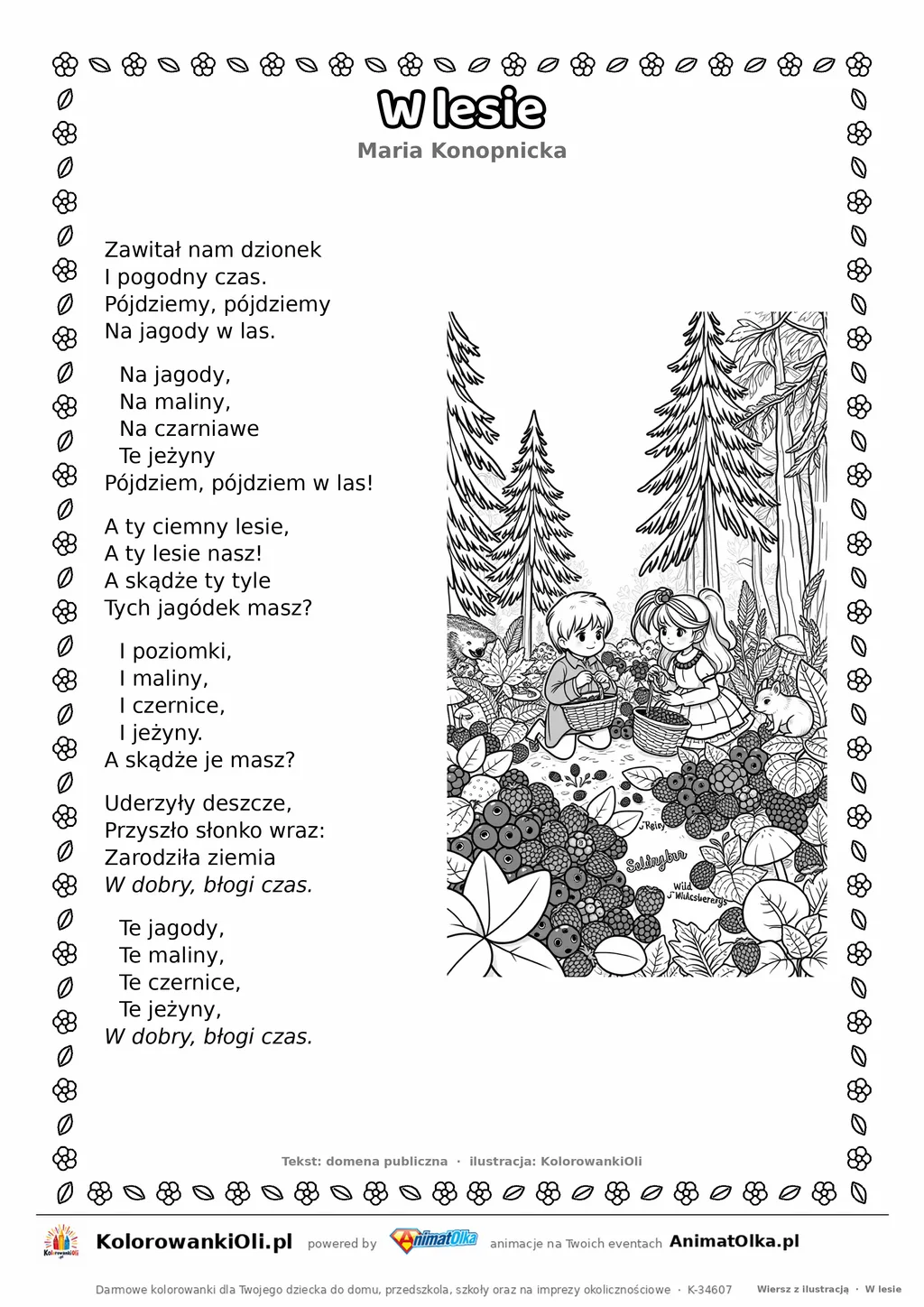 W lesie (Maria Konopnicka) — tekst wiersza i ilustracja do kolorowania, karta A4 do druku