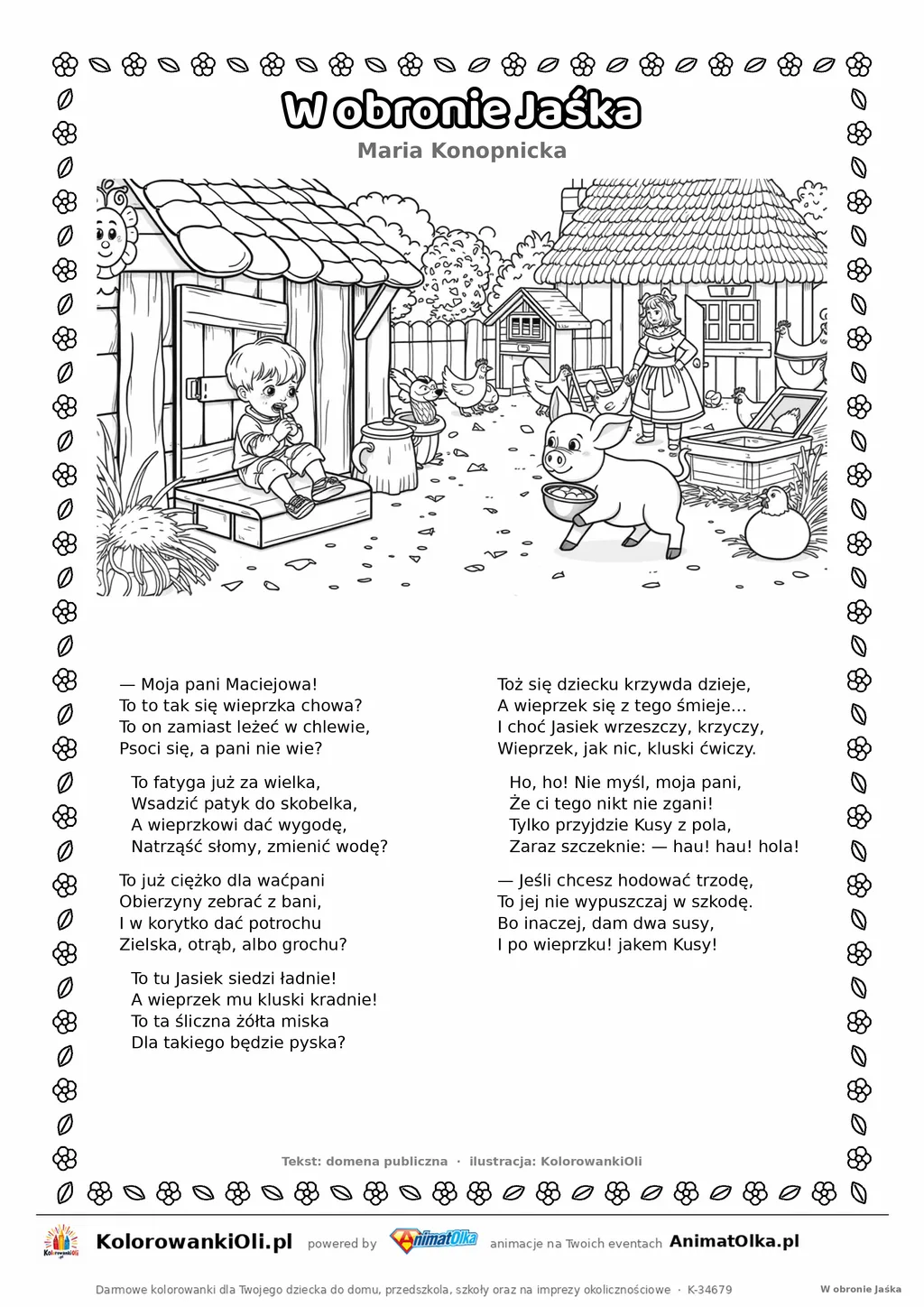 W obronie Jaśka (Maria Konopnicka) — tekst wiersza i ilustracja do kolorowania, karta A4 do druku