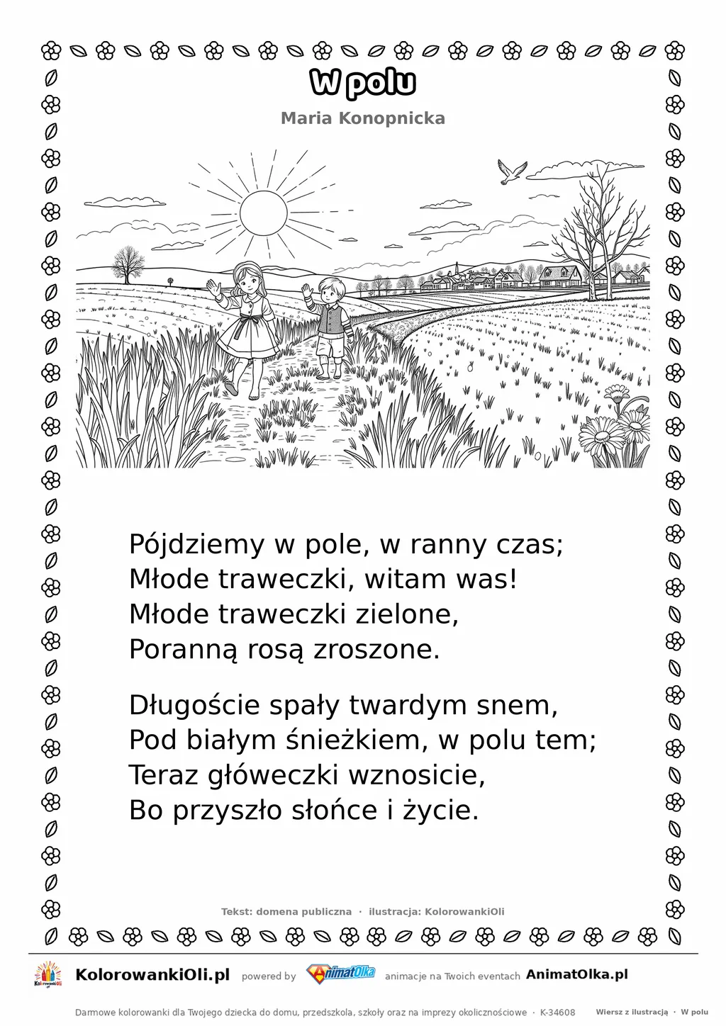 W polu (Maria Konopnicka) — tekst wiersza i ilustracja do kolorowania, karta A4 do druku