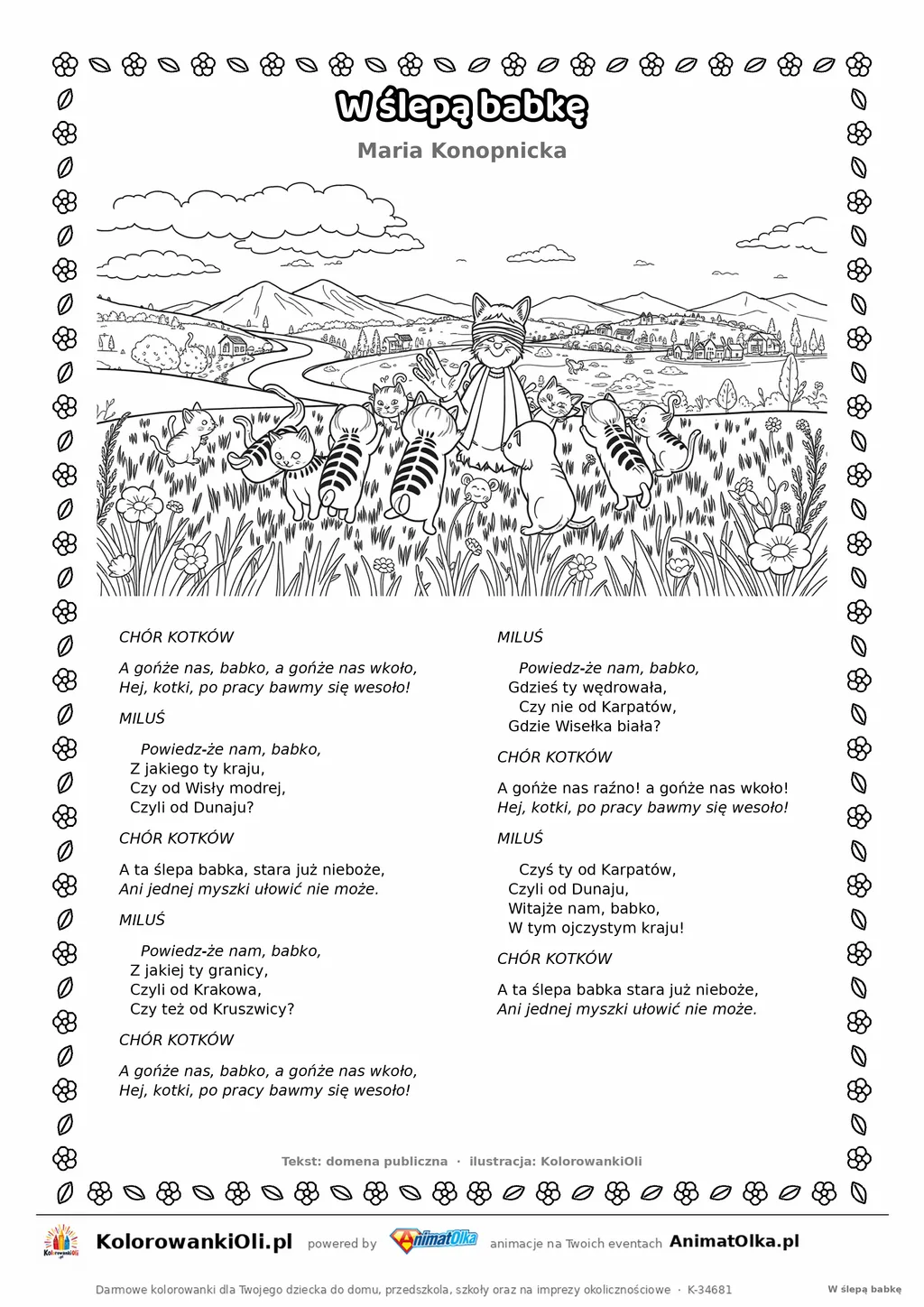 W ślepą babkę (Maria Konopnicka) — tekst wiersza i ilustracja do kolorowania, karta A4 do druku