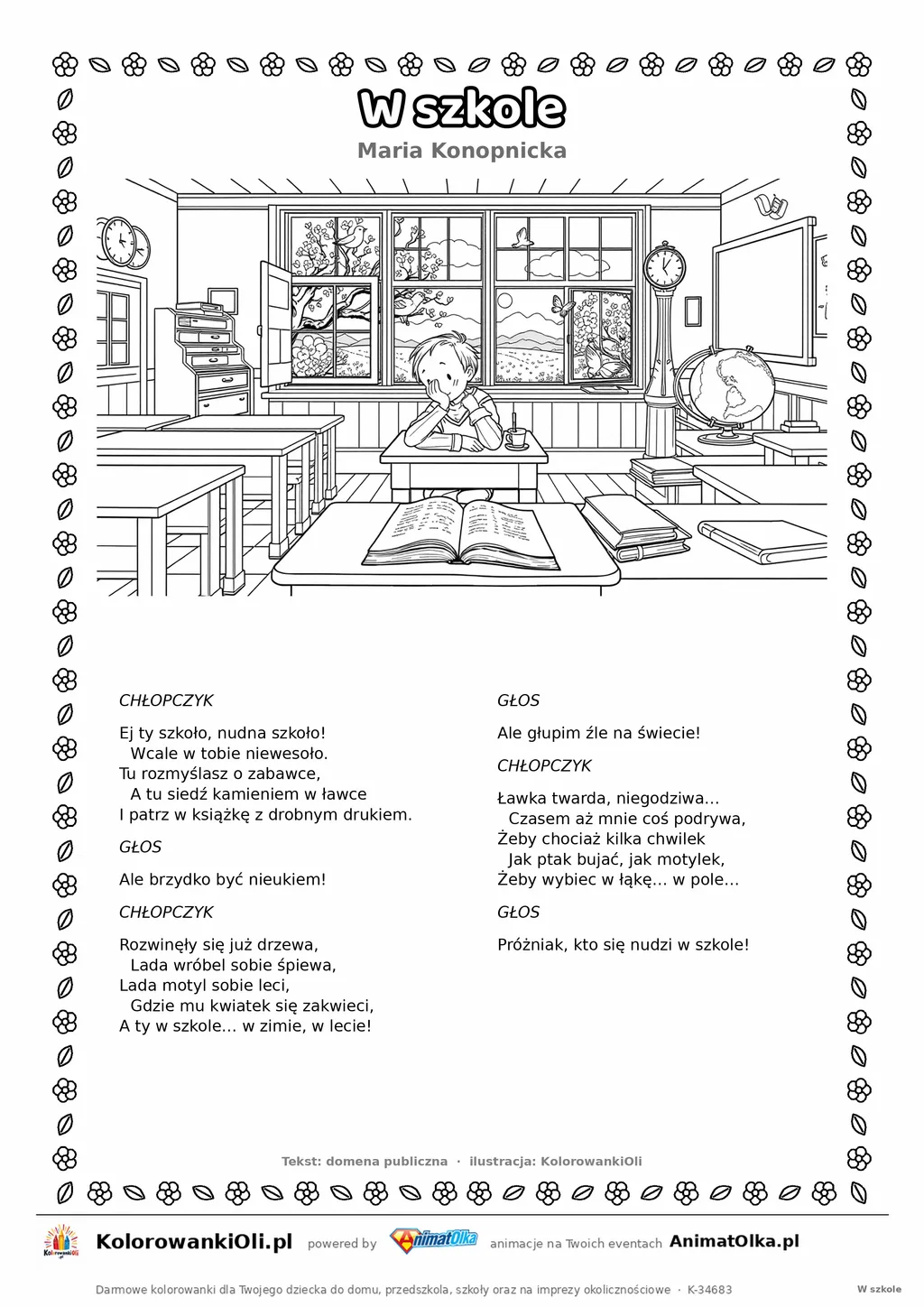 W szkole (Maria Konopnicka) — tekst wiersza i ilustracja do kolorowania, karta A4 do druku