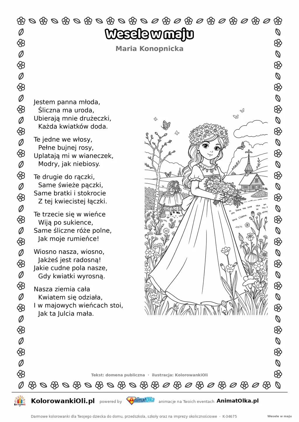 Wesele w maju (Maria Konopnicka) — tekst wiersza i ilustracja do kolorowania, karta A4 do druku