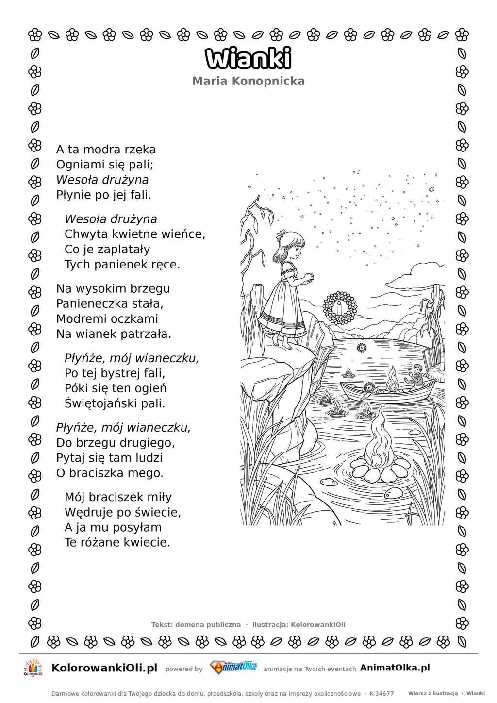 Wianki (Maria Konopnicka) — tekst wiersza i ilustracja do kolorowania, karta A4 do druku