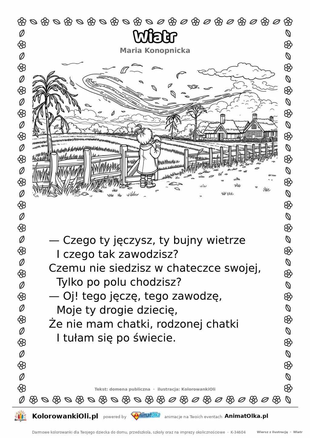 Wiatr (Maria Konopnicka) — tekst wiersza i ilustracja do kolorowania, karta A4 do druku