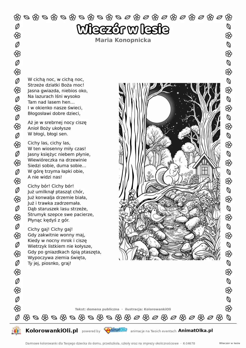 Wieczór w lesie (Maria Konopnicka) — tekst wiersza i ilustracja do kolorowania, karta A4 do druku