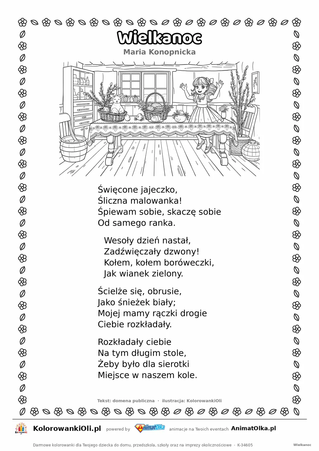 Wielkanoc (Maria Konopnicka) — tekst wiersza i ilustracja do kolorowania, karta A4 do druku