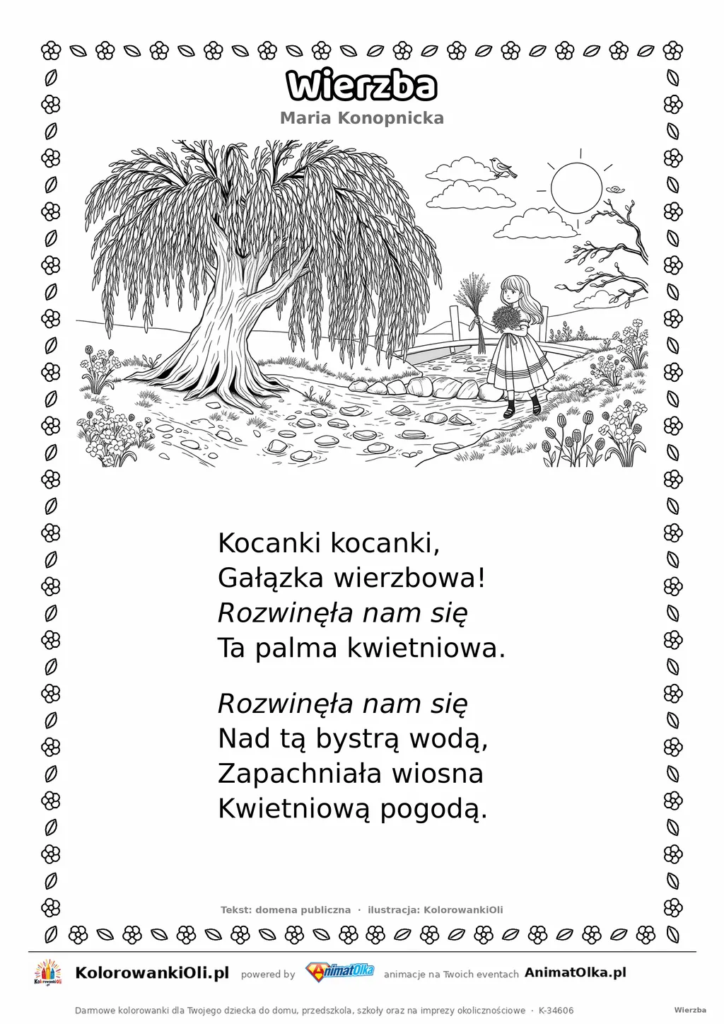 Wierzba (Maria Konopnicka) — tekst wiersza i ilustracja do kolorowania, karta A4 do druku