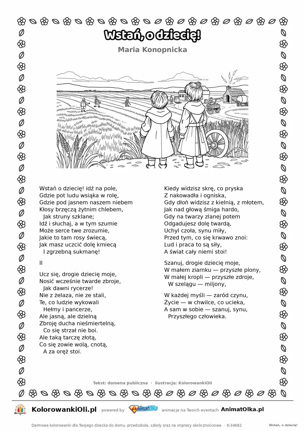 Wstań, o dziecię! (Maria Konopnicka) — tekst wiersza i ilustracja do kolorowania, karta A4 do druku