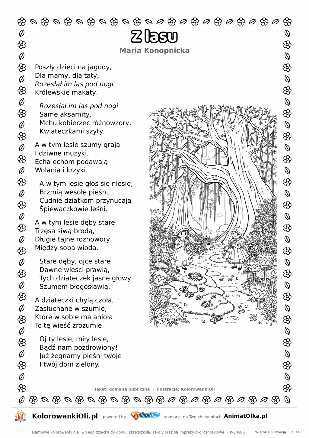 Z lasu (Maria Konopnicka) — tekst wiersza i ilustracja do kolorowania, karta A4 do druku