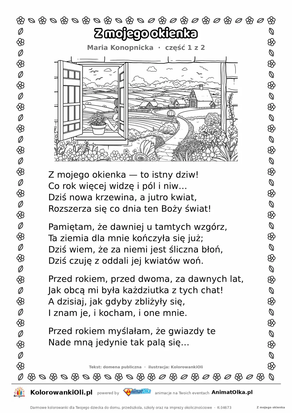 Z mojego okienka (Maria Konopnicka) — tekst wiersza i ilustracja do kolorowania (część 1 z 2), karta A4 do druku