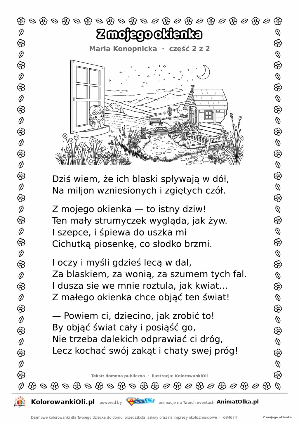 Z mojego okienka (Maria Konopnicka) — tekst wiersza i ilustracja do kolorowania (część 2 z 2), karta A4 do druku