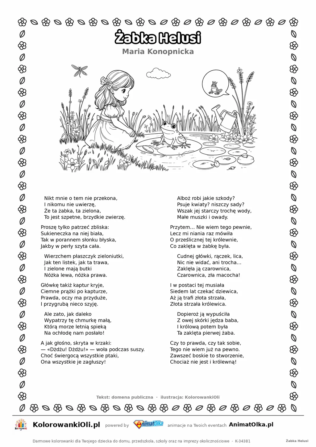 Żabka Helusi (Maria Konopnicka) — tekst wiersza i ilustracja do kolorowania, karta A4 do druku