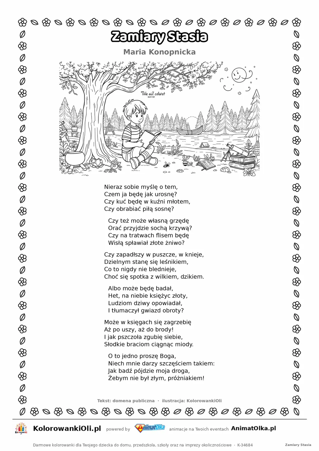 Zamiary Stasia (Maria Konopnicka) — tekst wiersza i ilustracja do kolorowania, karta A4 do druku
