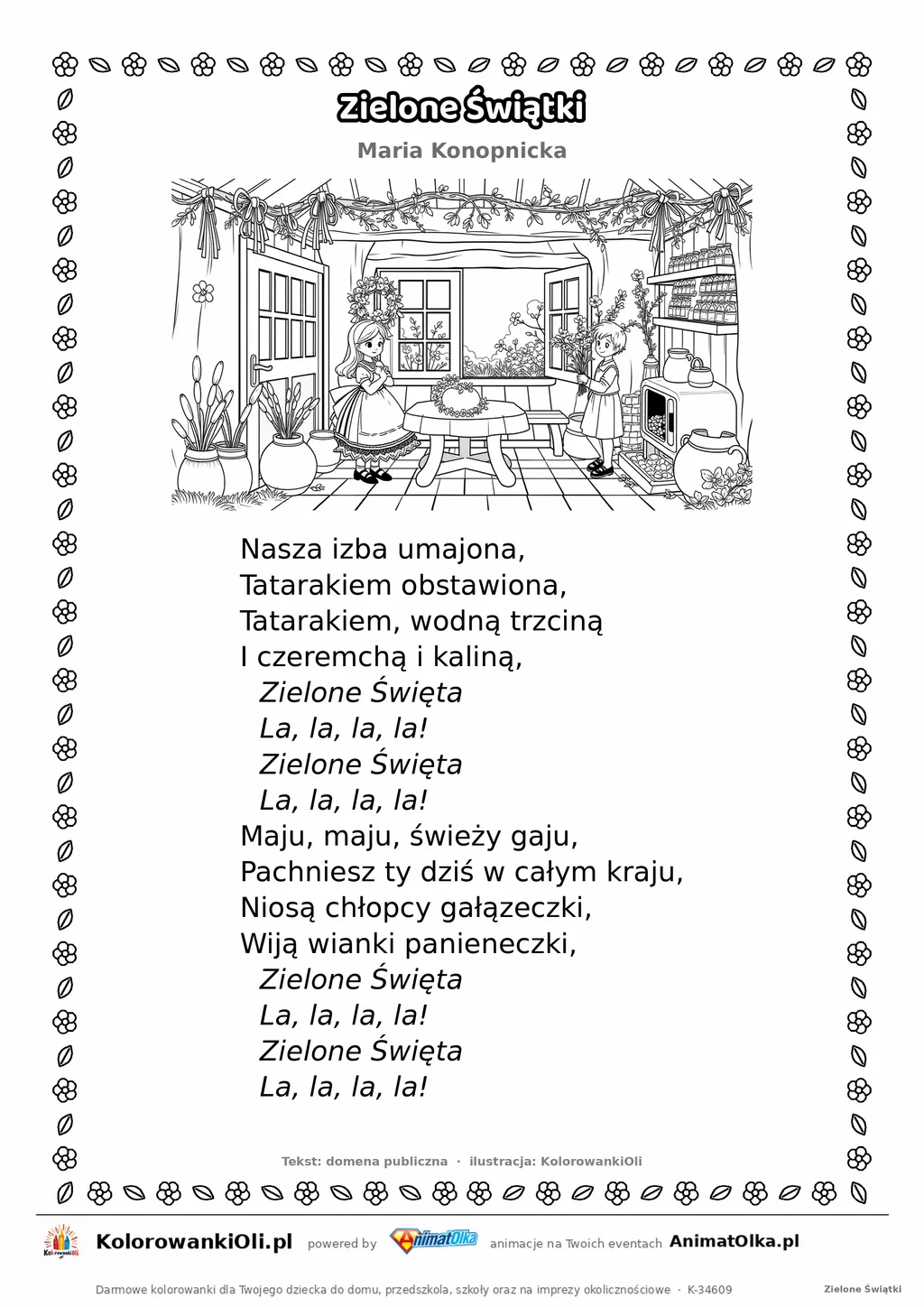 Zielone Świątki (Maria Konopnicka) — tekst wiersza i ilustracja do kolorowania, karta A4 do druku