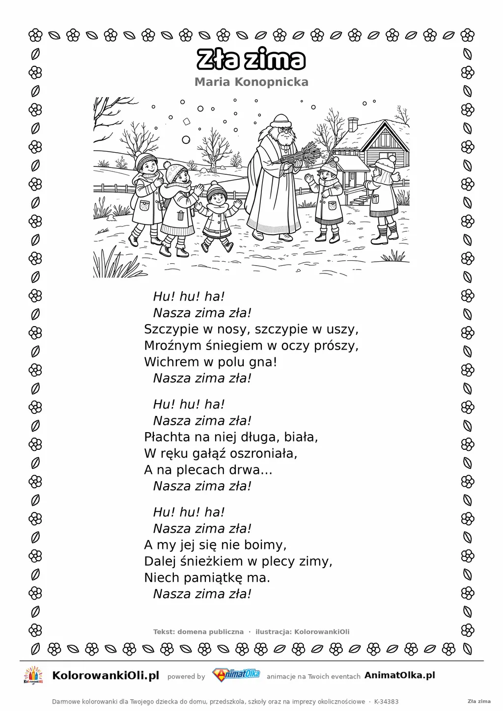 Zła zima (Maria Konopnicka) — tekst wiersza i ilustracja do kolorowania, karta A4 do druku