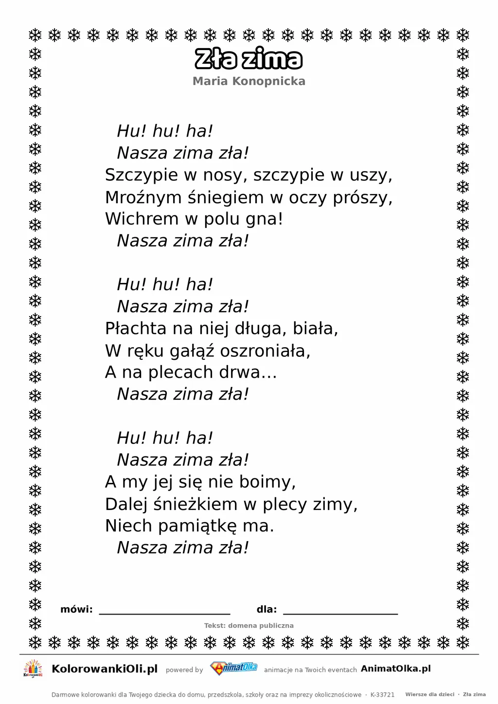 Zła zima (Maria Konopnicka) — tekst wiersza dla dzieci do druku na A4 z ramką do pokolorowania