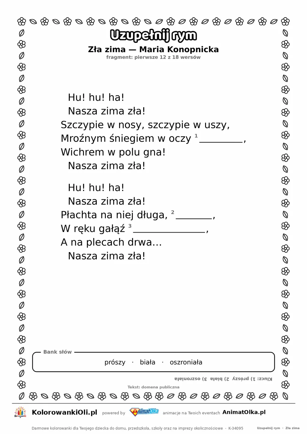 Uzupełnij rym — Zła zima (Maria Konopnicka): karta pracy z lukami w rymach, A4
