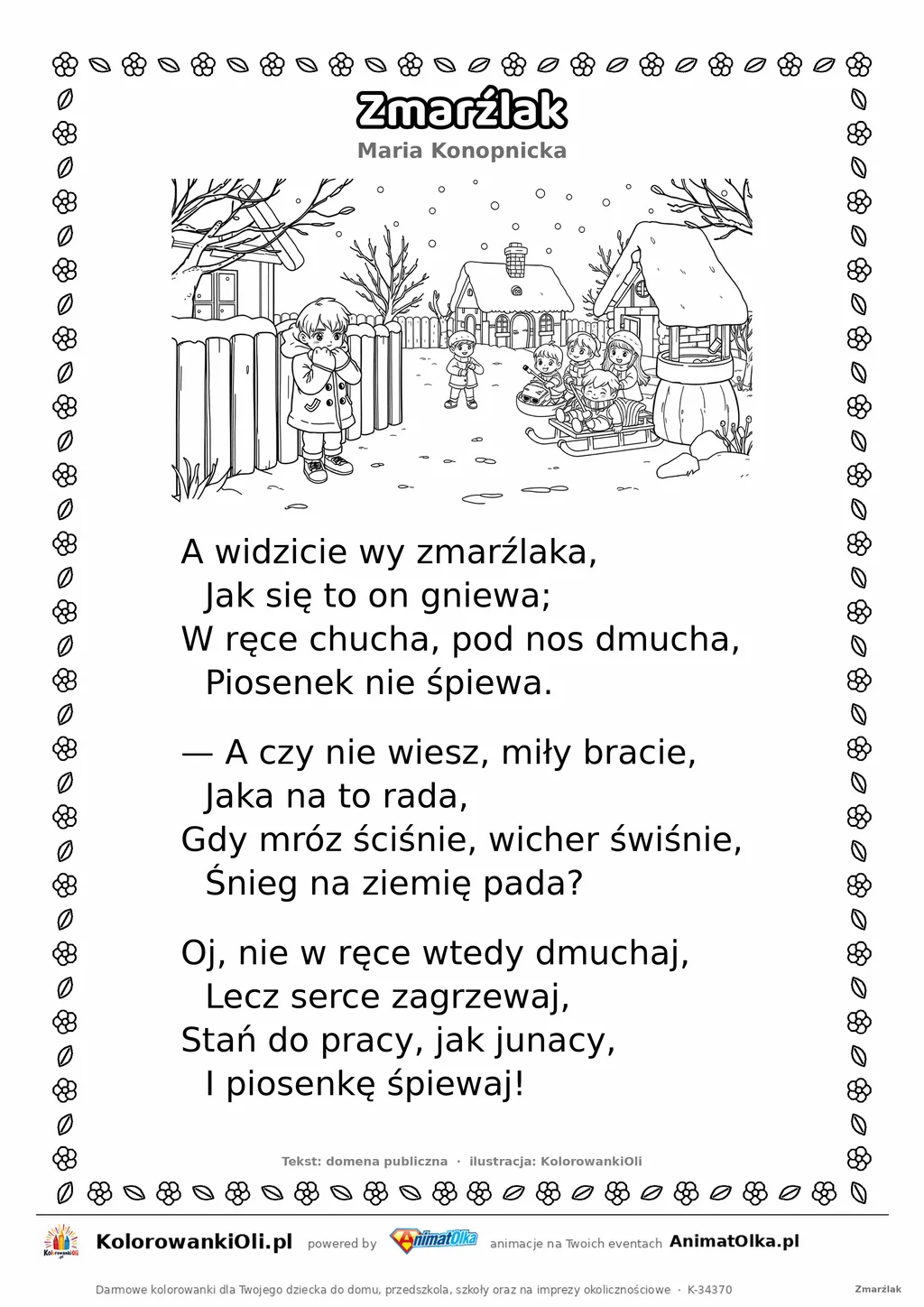 Zmarźlak (Maria Konopnicka) — tekst wiersza i ilustracja do kolorowania, karta A4 do druku