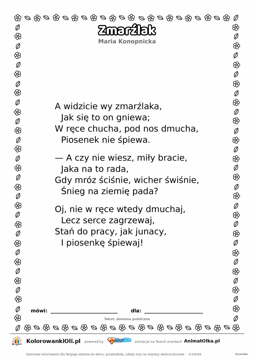 Zmarźlak (Maria Konopnicka) — tekst wiersza do druku A4 z ramką do pokolorowania