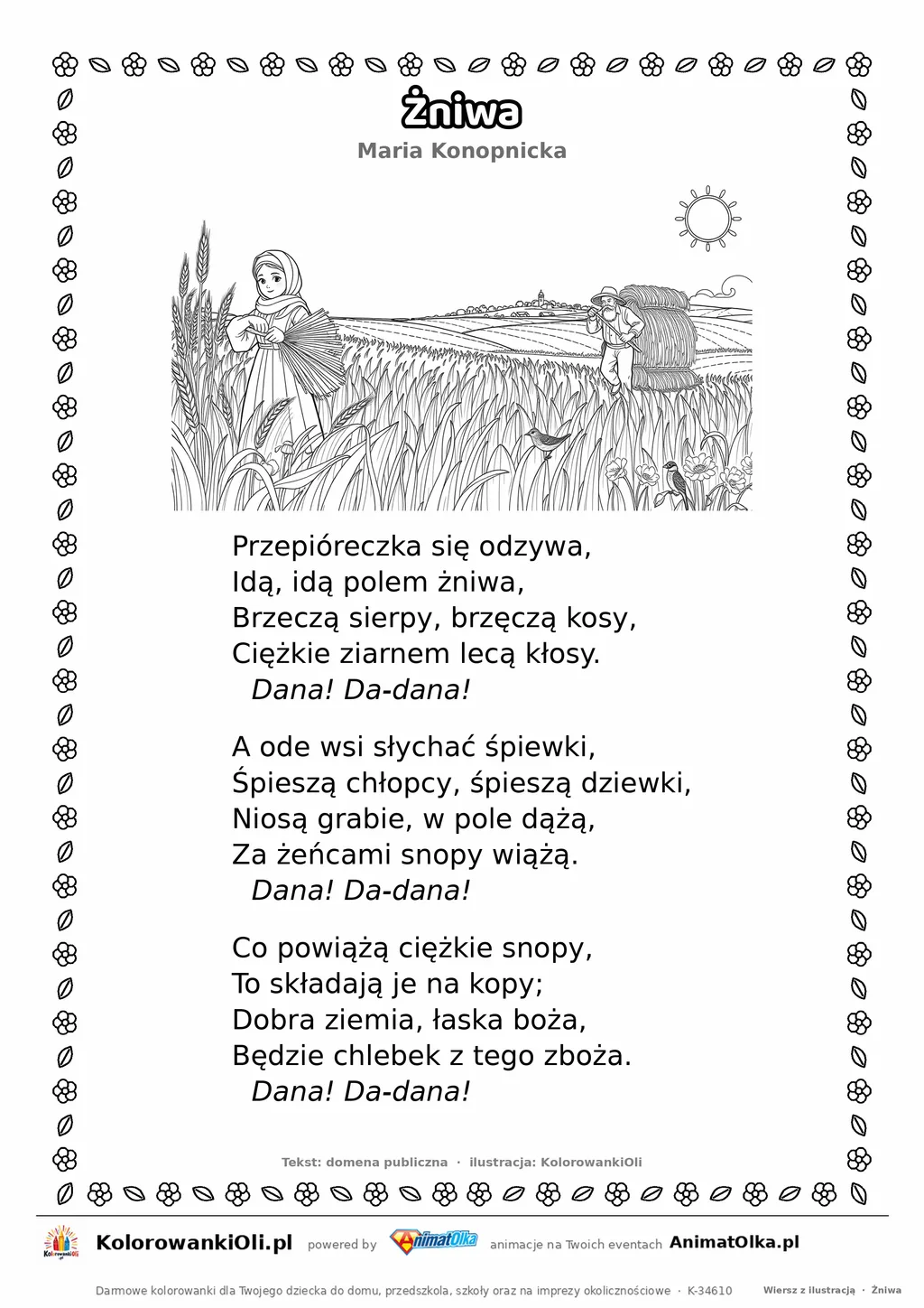 Żniwa (Maria Konopnicka) — tekst wiersza i ilustracja do kolorowania, karta A4 do druku