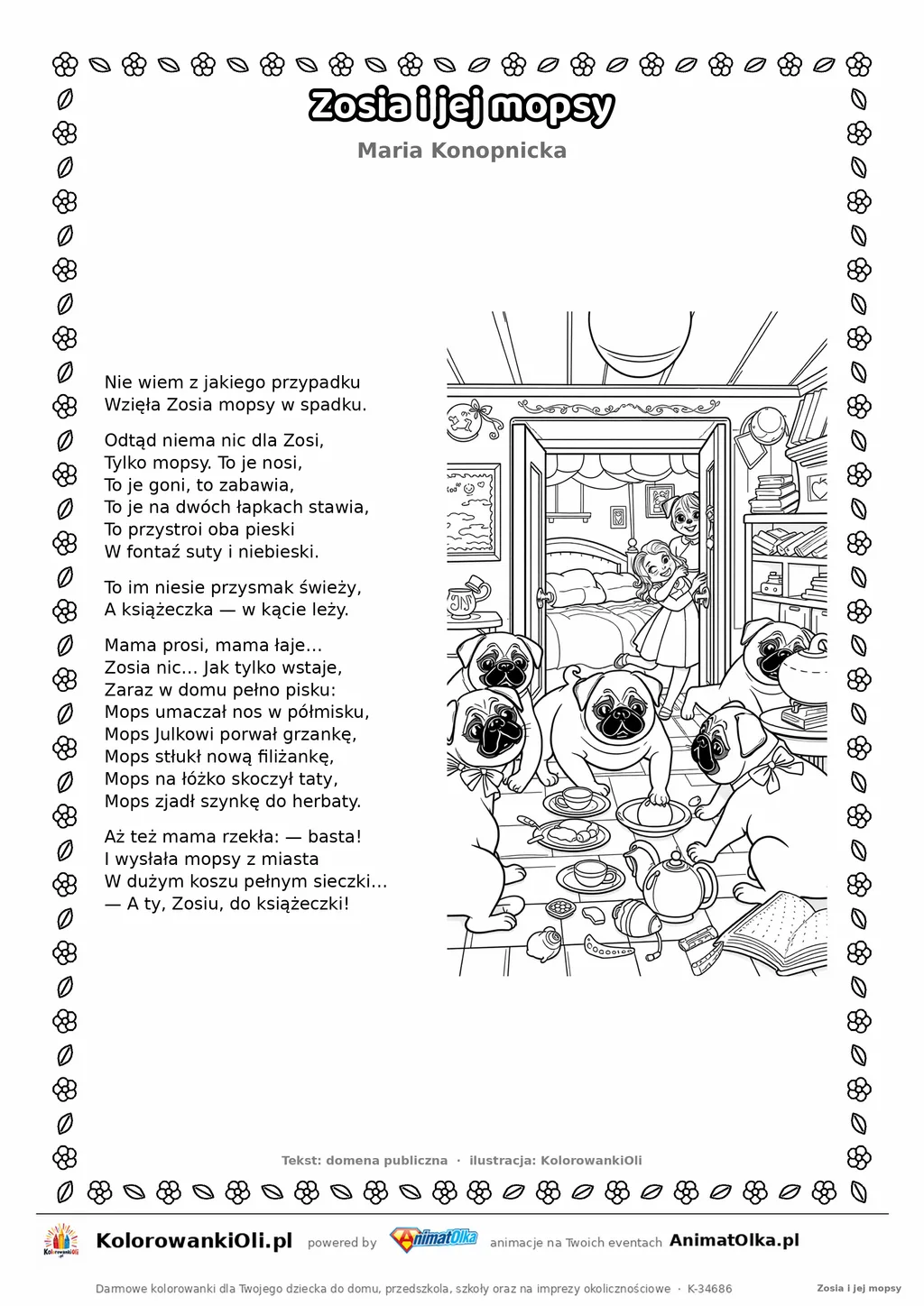 Zosia i jej mopsy (Maria Konopnicka) — tekst wiersza i ilustracja do kolorowania, karta A4 do druku
