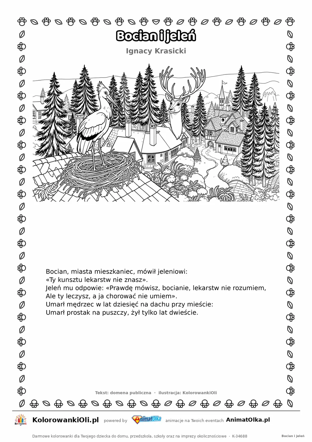 Bocian i jeleń (Ignacy Krasicki) — tekst wiersza i ilustracja do kolorowania, karta A4 do druku