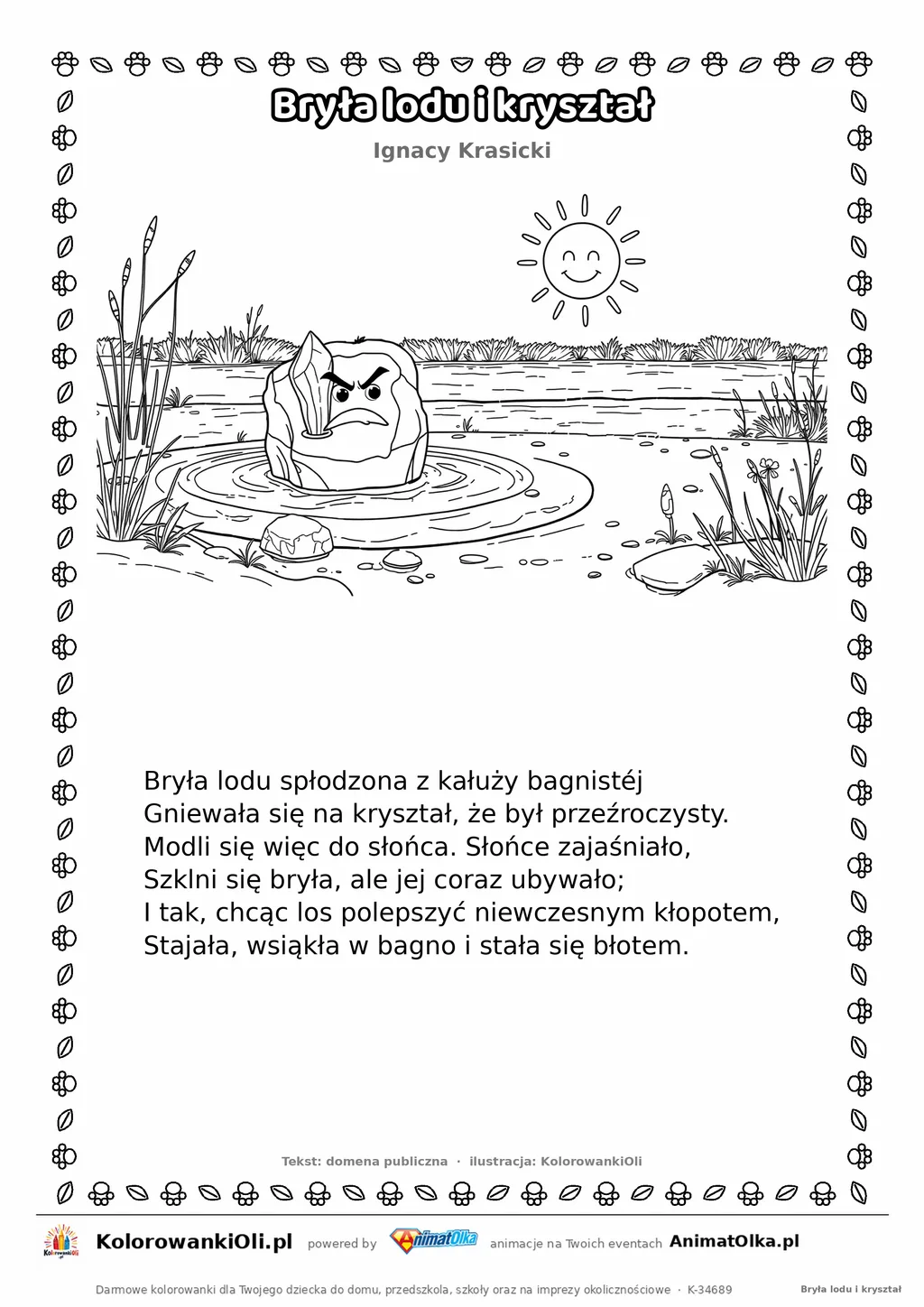 Bryła lodu i kryształ (Ignacy Krasicki) — tekst wiersza i ilustracja do kolorowania, karta A4 do druku