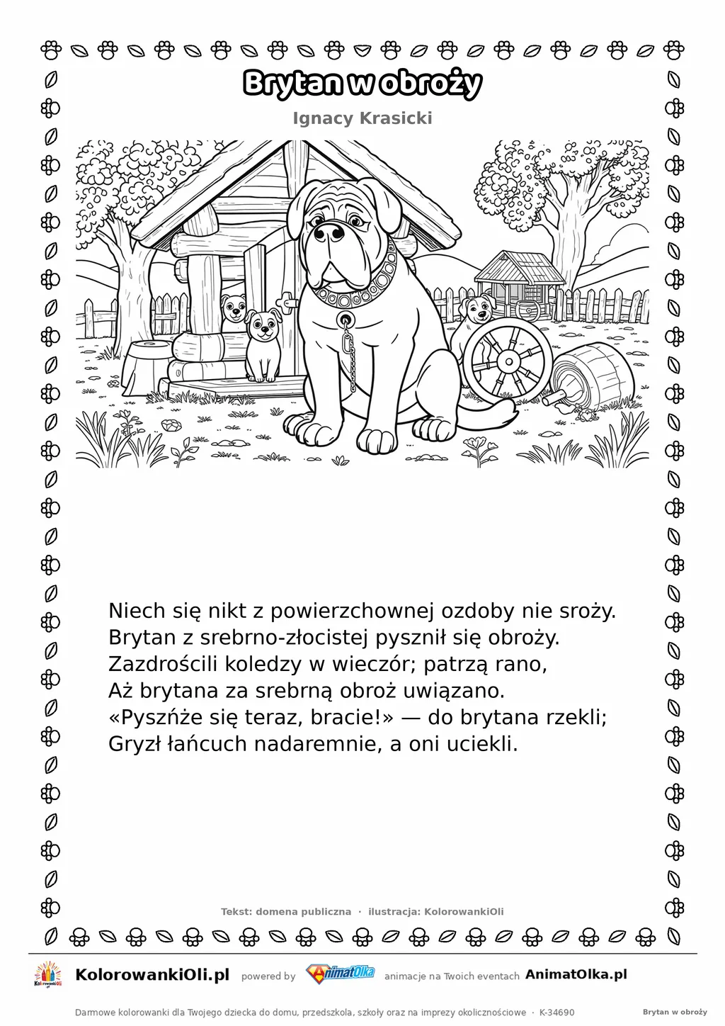 Brytan w obroży (Ignacy Krasicki) — tekst wiersza i ilustracja do kolorowania, karta A4 do druku