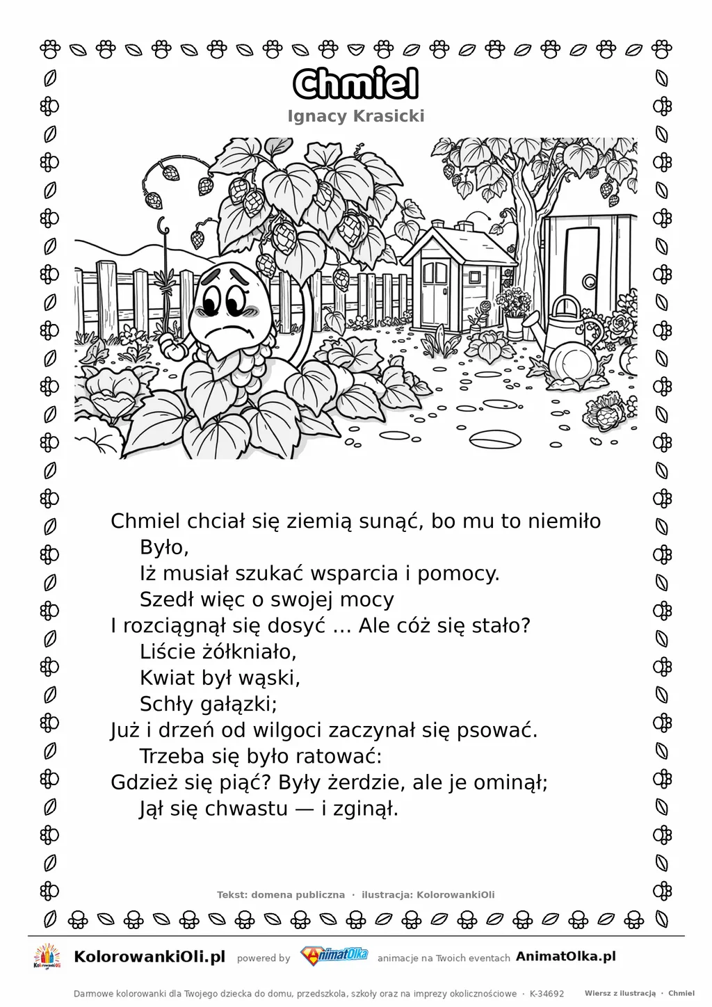 Chmiel (Ignacy Krasicki) — tekst wiersza i ilustracja do kolorowania, karta A4 do druku
