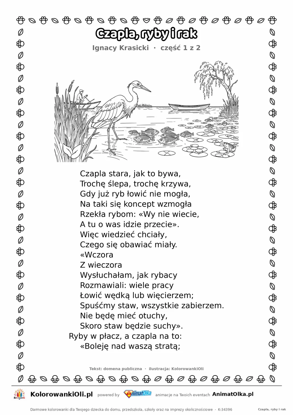 Czapla, ryby i rak (Ignacy Krasicki) — tekst wiersza i ilustracja do kolorowania (część 1 z 2), karta A4 do druku
