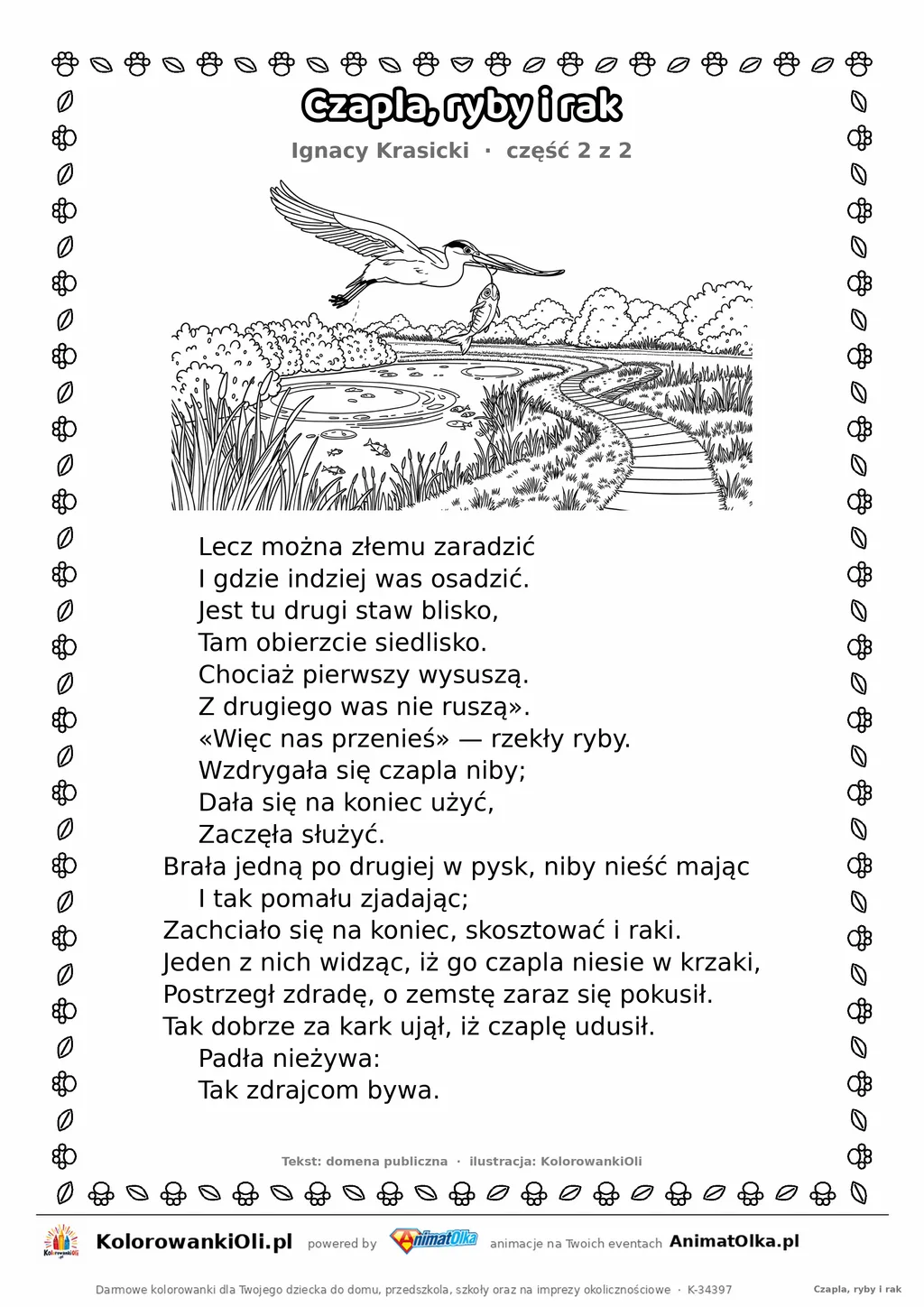 Czapla, ryby i rak (Ignacy Krasicki) — tekst wiersza i ilustracja do kolorowania (część 2 z 2), karta A4 do druku