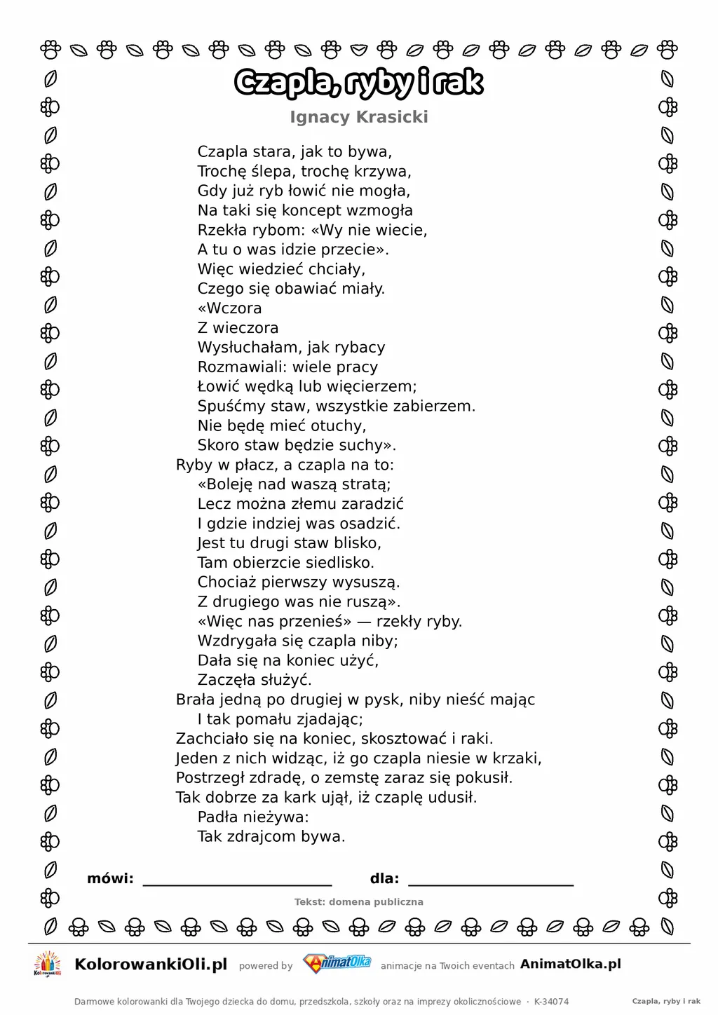 Czapla, ryby i rak (Ignacy Krasicki) — tekst wiersza do druku A4 z ramką do pokolorowania